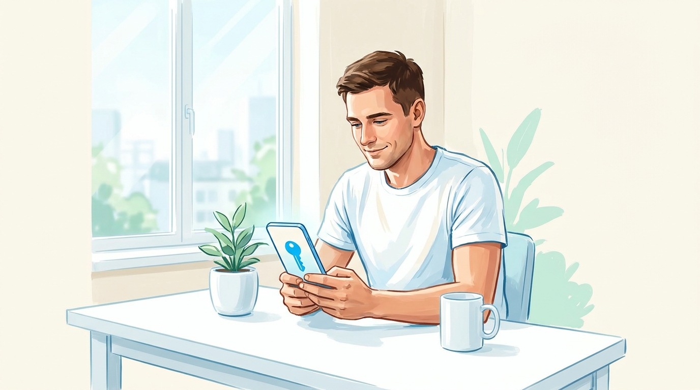 Бесплатные ключи Happ — молодой человек со смартфоном с brand-blue ключом на экране, painterly editorial illustration