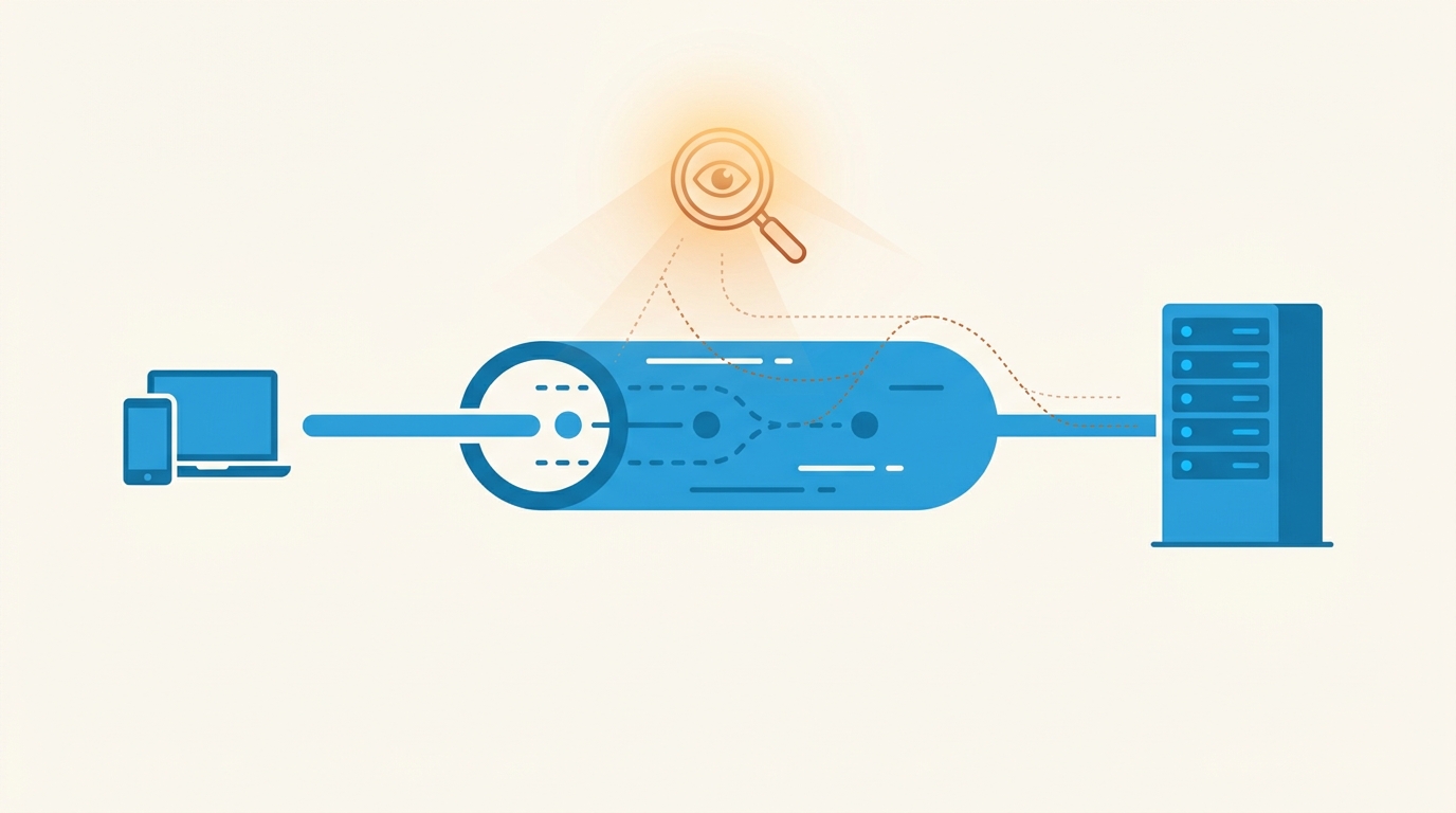 Безопасность бесплатных VPN-ключей: трафик от пользователя через тоннель к серверу под наблюдением