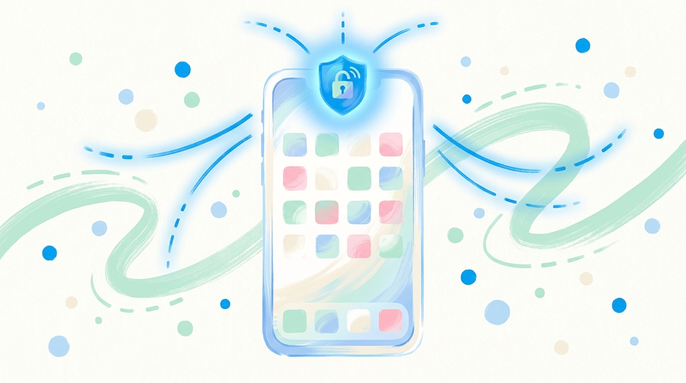 Hiddify на iPhone подключён — иконка VPN в статус-баре, открытое приложение с brand-blue индикатором активного туннеля, painterly иллюстрация