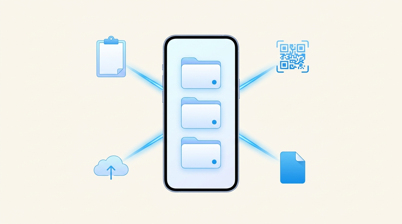 Четыре способа импорта ключа в Hiddify — subscription-URL, буфер обмена, QR-код и файл, схема со смартфоном в центре и иконками вокруг, flat-vector без текста