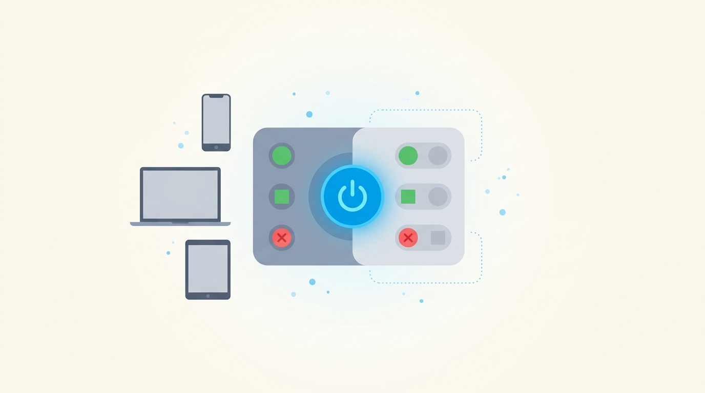 HitVPN — обзор сервиса: панель управления VPN с индикаторами и силуэтами устройств