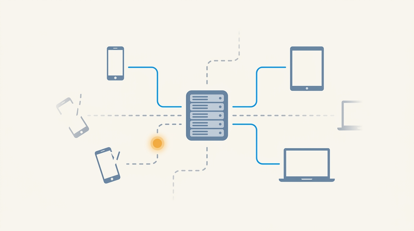 Схема сетевой топологии VPN: центральный сервер, рабочие синие линии и сломанные пунктирные с предупреждением