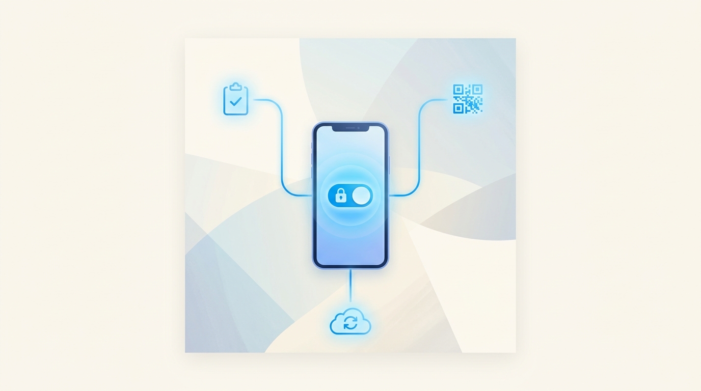 Настройка Happ — смартфон с включённым VPN и три способа добавить ключ: буфер обмена, QR-код и подписка, painterly-иллюстрация без текста