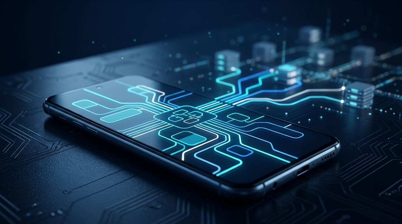 NekoBox для Android: смартфон с интерфейсом маршрутизации сети — потоки данных к серверам в темно-синих тонах