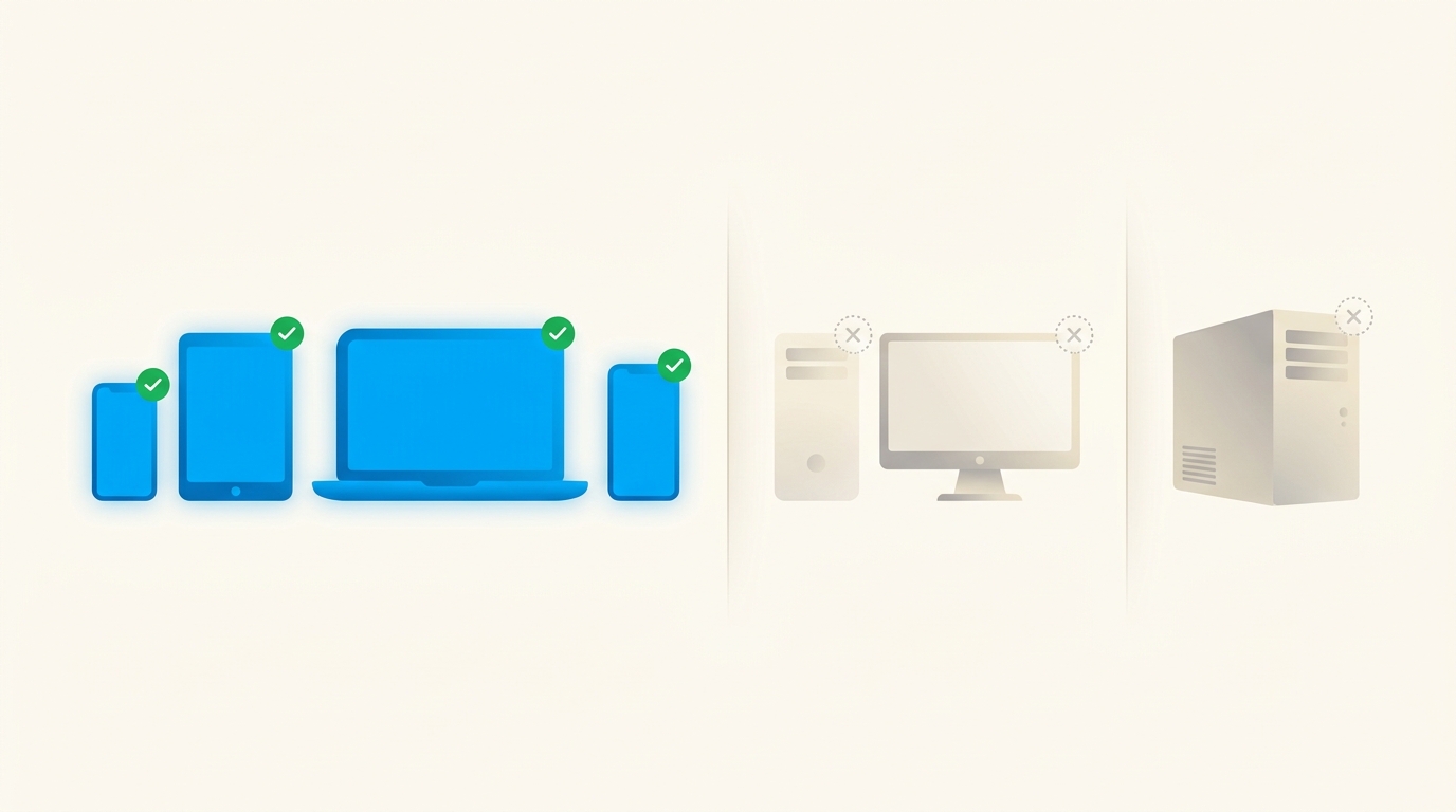 Платформы V2Box — iPhone, iPad, Mac на Apple Silicon и Android доступны через App Store и Google Play, нативных версий для Windows и Linux нет, flat-vector карта совместимости без текста