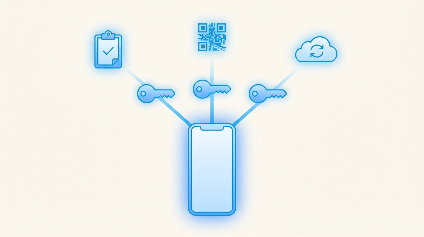 Три способа импортировать ключ в V2RayNG — из буфера обмена, по QR-коду и через подписку-URL, flat-vector схема без текста