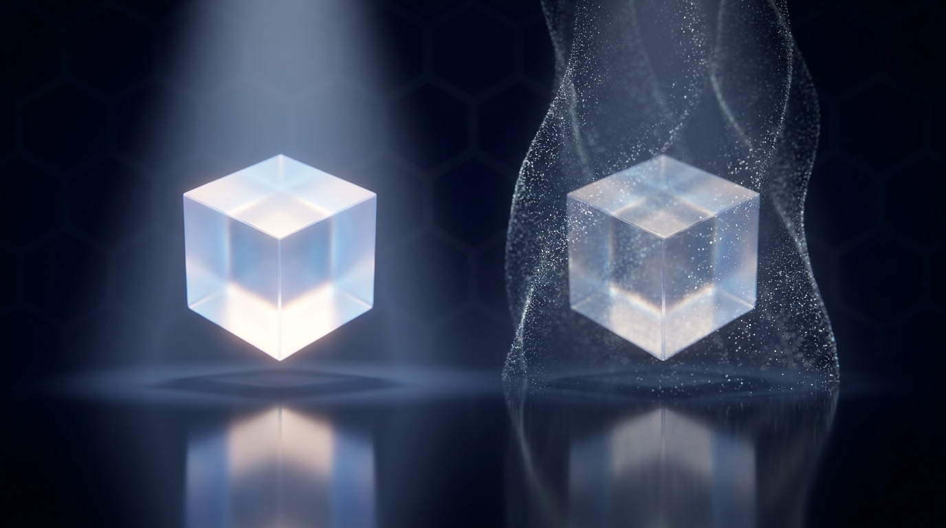 VLESS+Reality маскируется под реальный сайт: оригинальный куб и его шиммер-копия в облаке светящихся частиц — метафора заимствованной TLS-идентичности